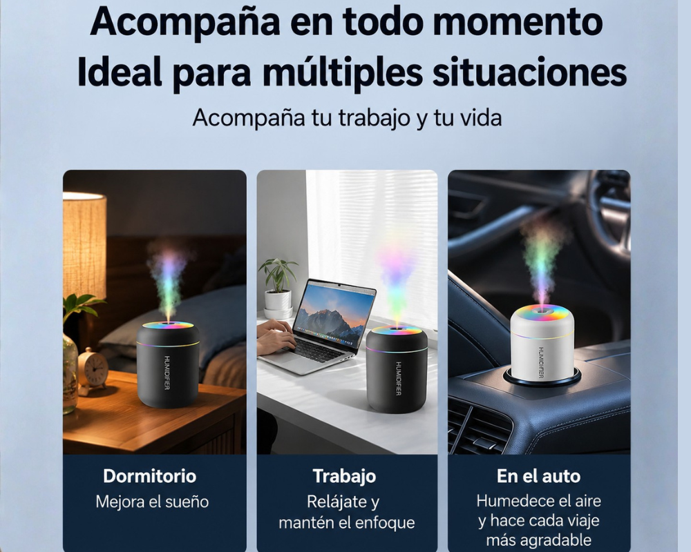 Mini Difusor Aromático USB · Niebla, LED y 180 ml