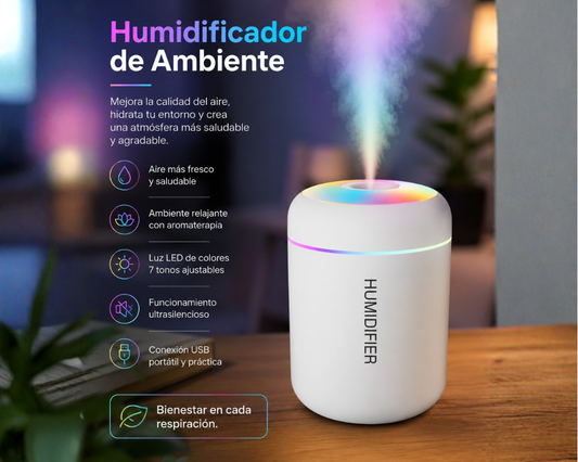 Mini Difusor Aromático USB · Niebla, LED y 180 ml