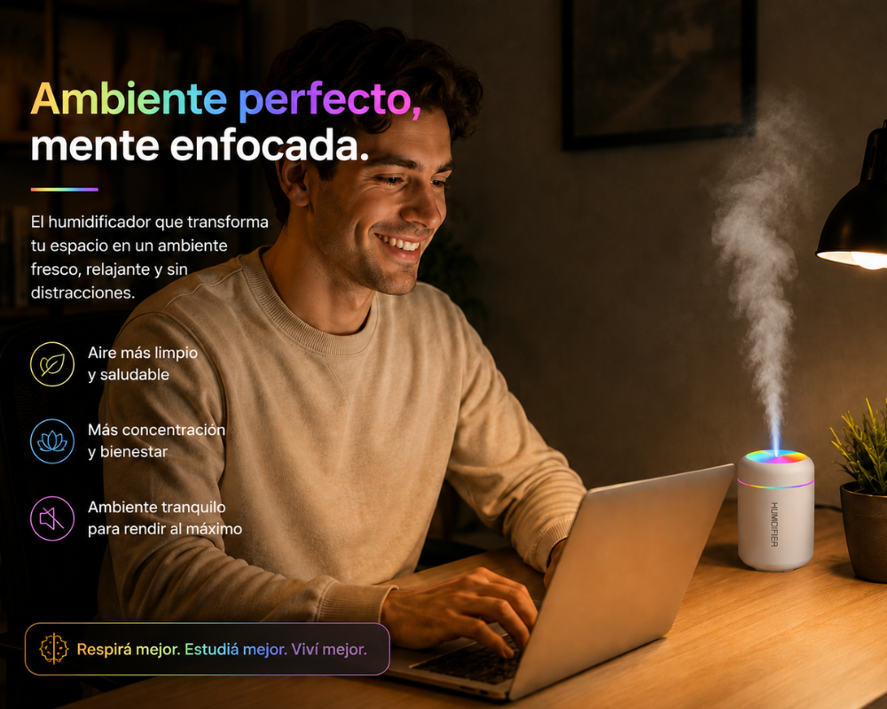 Mini Difusor Aromático USB · Niebla, LED y 180 ml
