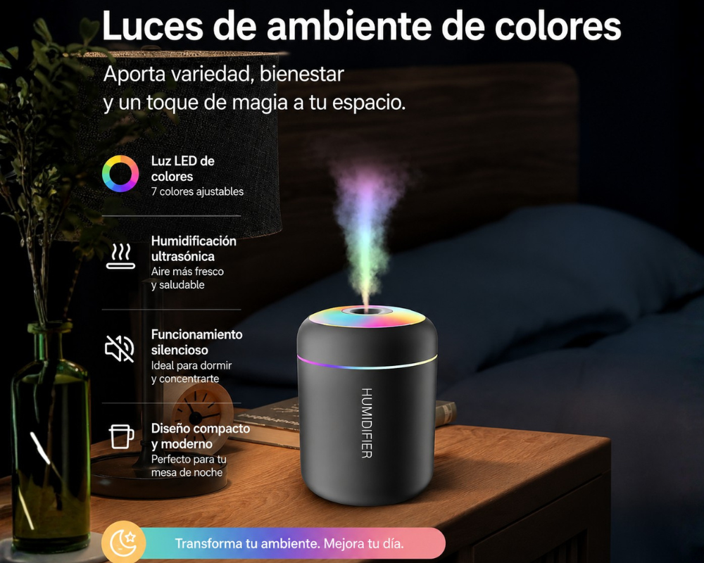 Mini Difusor Aromático USB · Niebla, LED y 180 ml