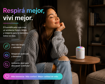 Mini Difusor Aromático USB · Niebla, LED y 180 ml