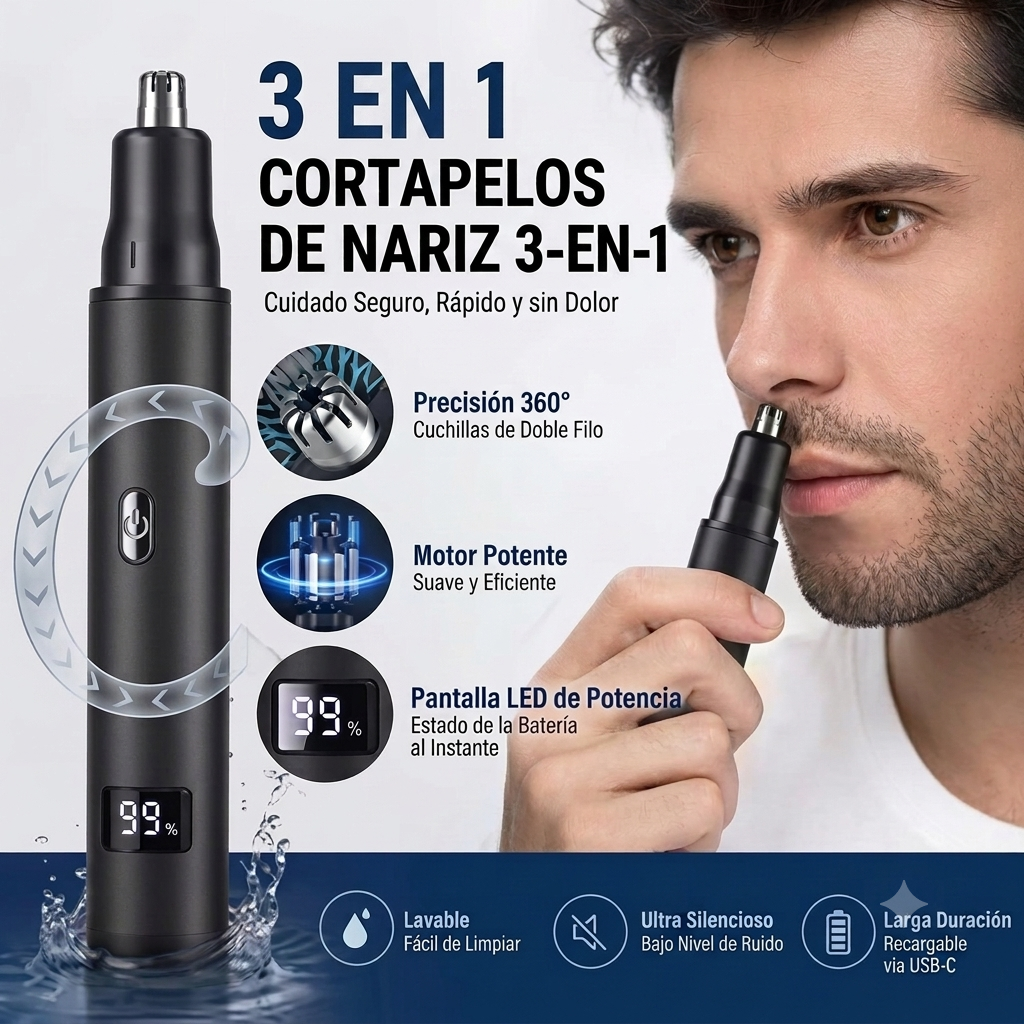 Recortadora Eléctrica 3 en 1 para Vello Nasal, Orejas y Cejas