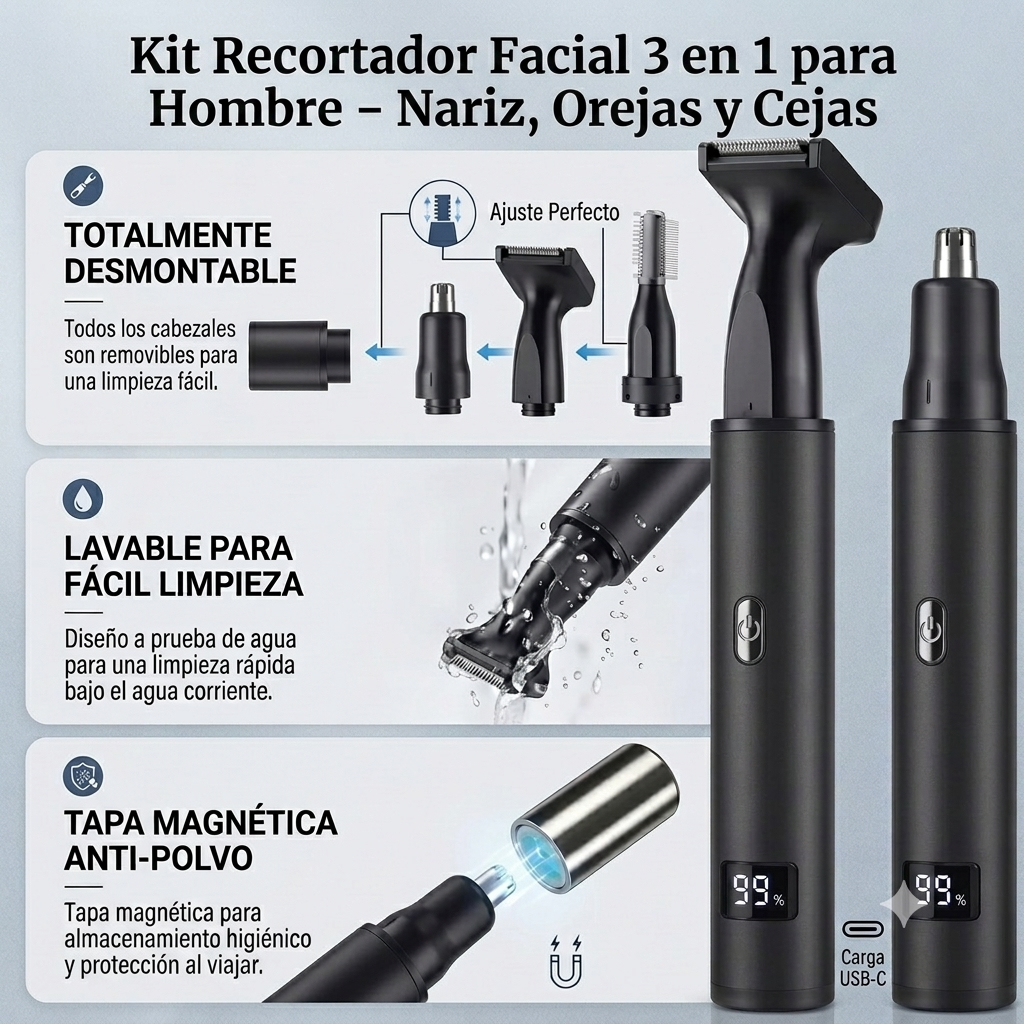 Recortadora Eléctrica 3 en 1 para Vello Nasal, Orejas y Cejas