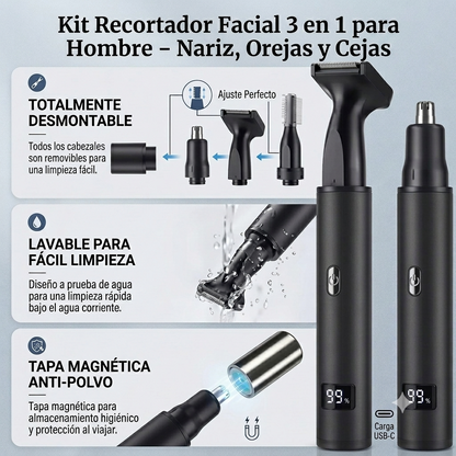 Recortadora Eléctrica 3 en 1 para Vello Nasal, Orejas y Cejas